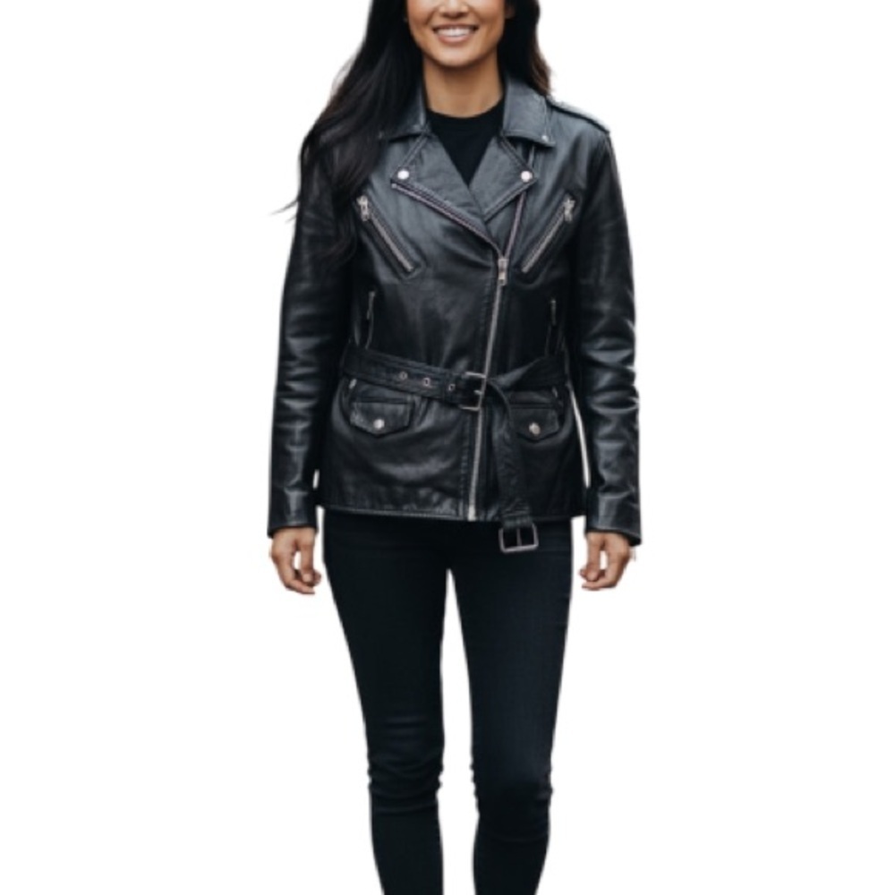 SCREAMING EAGLE Leather Motorcycle Jacket Black Tied Waist Removable Lining M